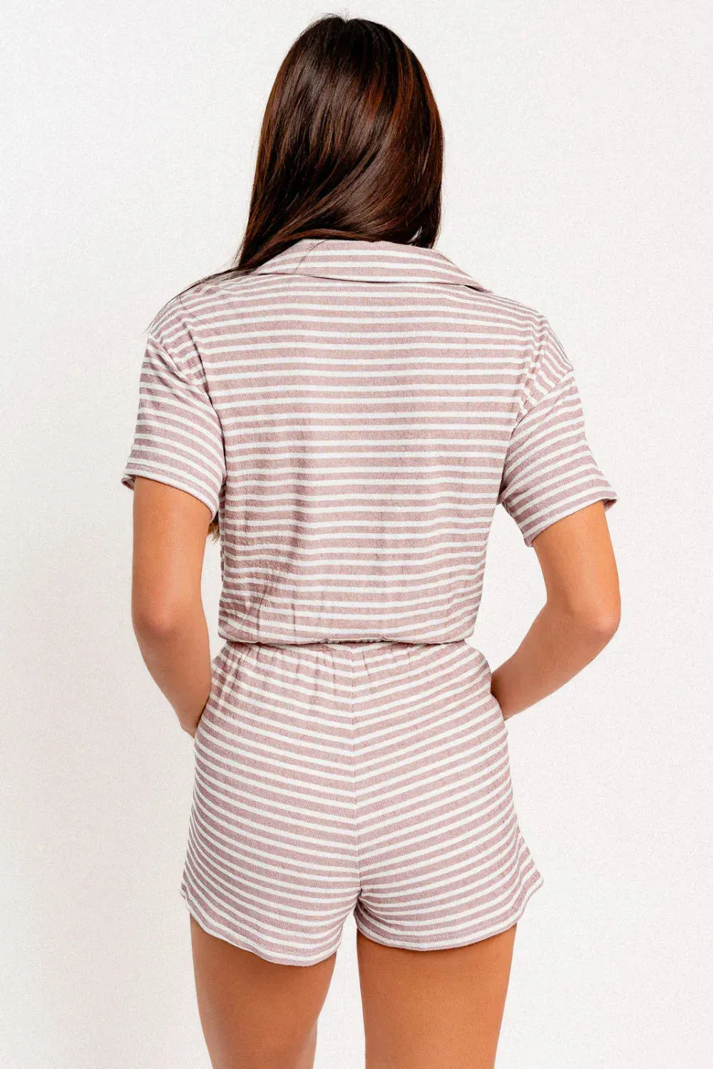 Drawstring Waist Collared Short Sleeve Romper