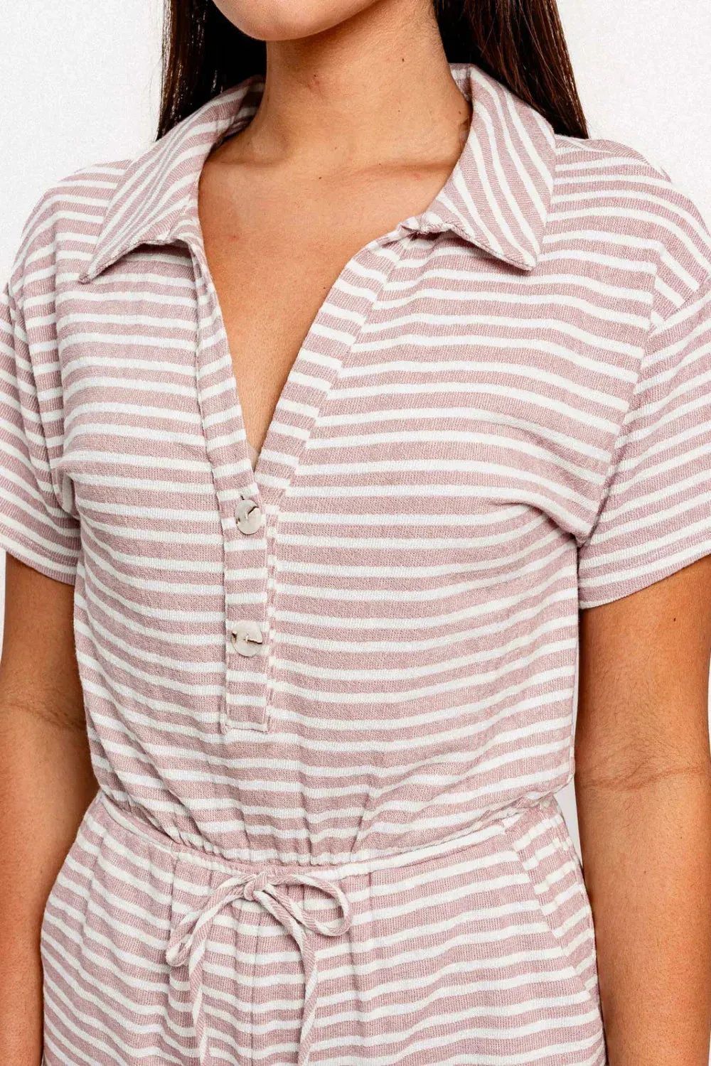 Drawstring Waist Collared Short Sleeve Romper