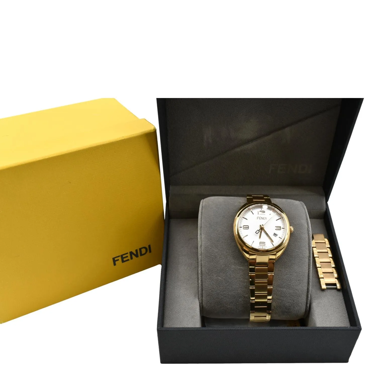 FENDI Momento Swiss Quartz Stainless Steel Date Watch White Dial 34mm