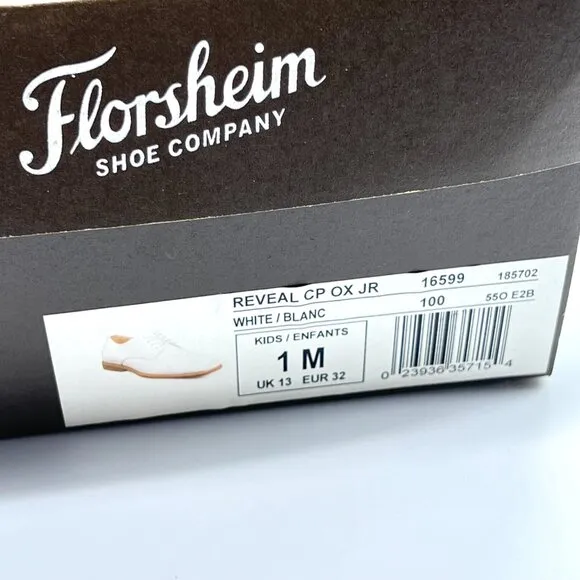 Florsheim Kids Boys Size 1M Reveal CP White Leather Oxfords Dress Shoes