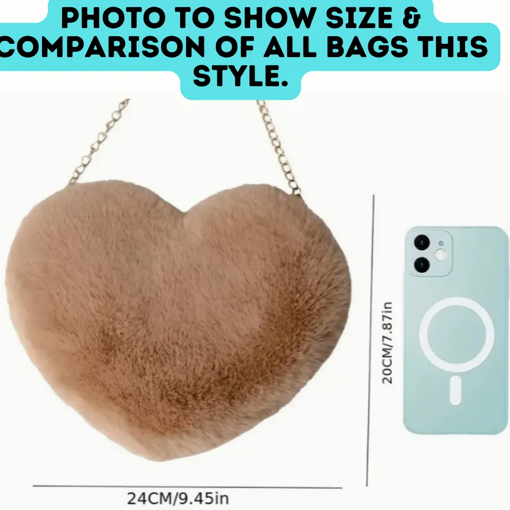 FLUFFY Faux Fur Heart Novelty Crossbody Bags with Removable Gold Chain Strap in Multiple Colors