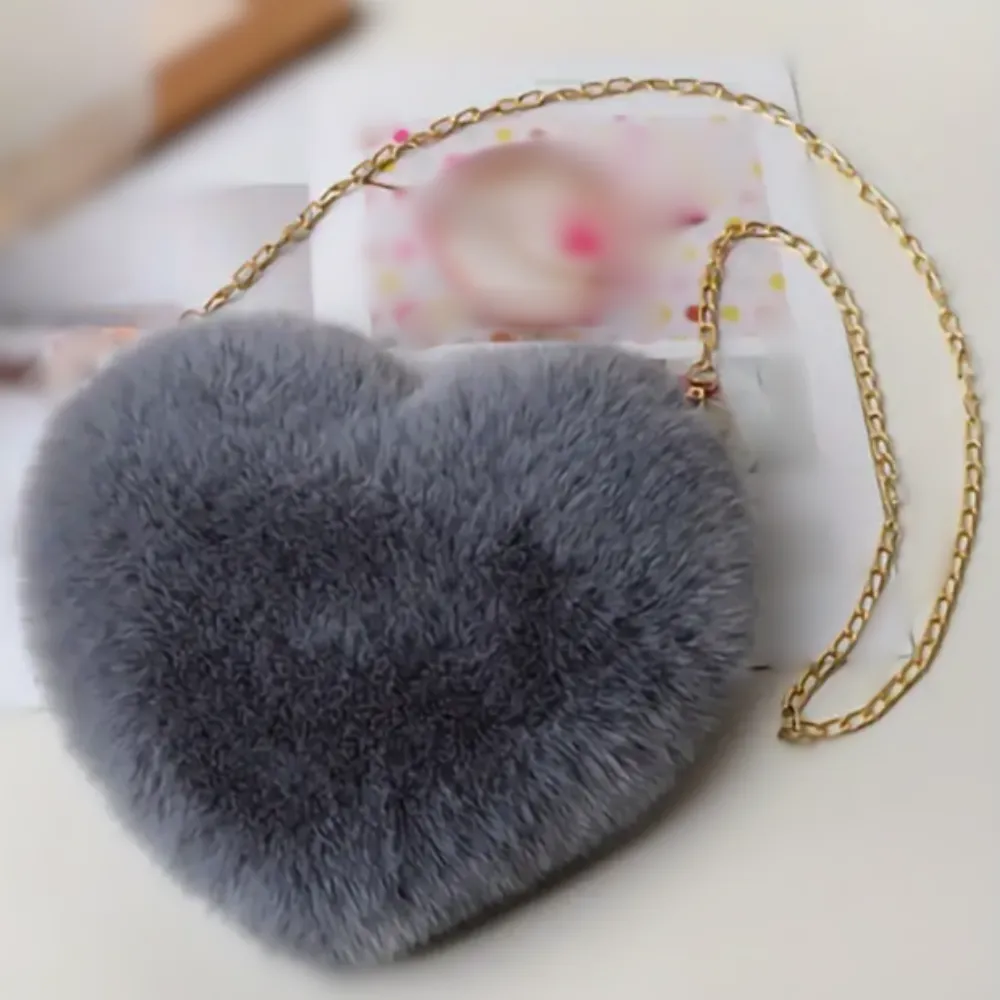 FLUFFY Faux Fur Heart Novelty Crossbody Bags with Removable Gold Chain Strap in Multiple Colors
