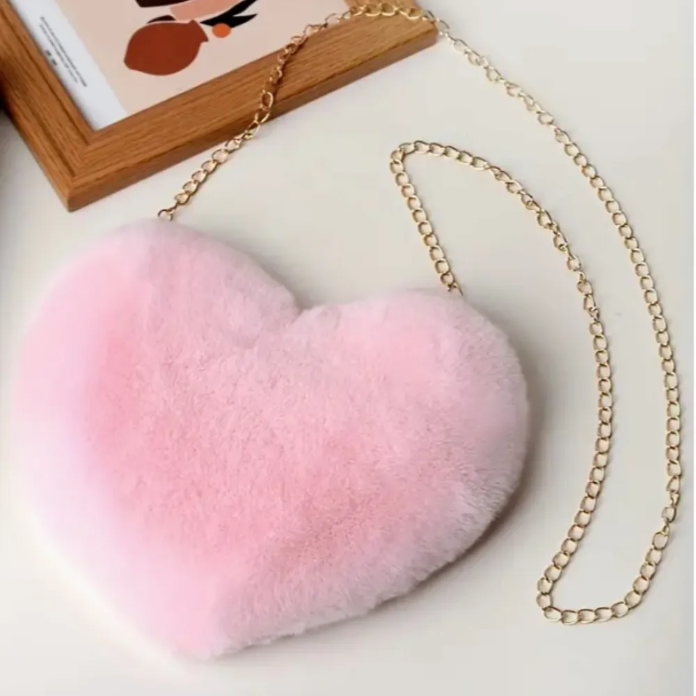 FLUFFY Faux Fur Heart Novelty Crossbody Bags with Removable Gold Chain Strap in Multiple Colors