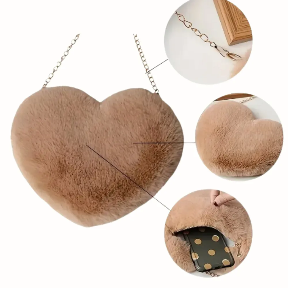 FLUFFY Faux Fur Heart Novelty Crossbody Bags with Removable Gold Chain Strap in Multiple Colors