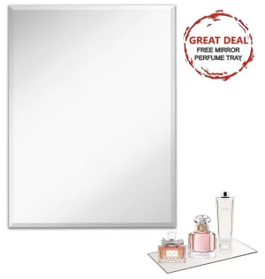 Frameless Rectangular Wall Mirror (24" W x 36" H) - Large Beveled Edge Glass Panel Hangs Horizontal & Vertical - for Vanity, Bathroom, Bedroom, Gym - Free Perfume Tray with Every Purchase (24 X 36)