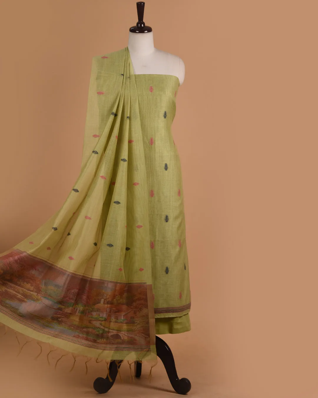 Green Chanderi Blend Jamdani Woven Unstitched Suit Fabric Set With Chanderi Blend Woven Dupatta