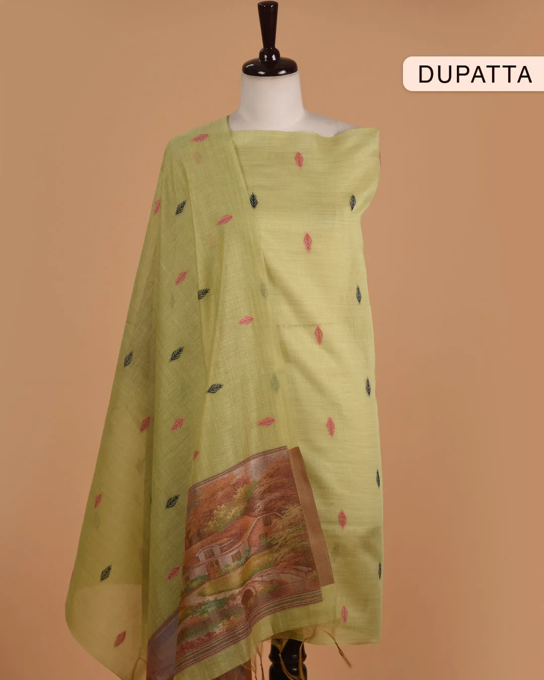 Green Chanderi Blend Jamdani Woven Unstitched Suit Fabric Set With Chanderi Blend Woven Dupatta