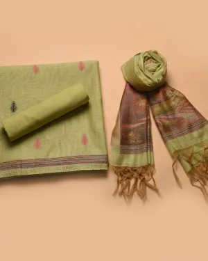 Green Chanderi Blend Jamdani Woven Unstitched Suit Fabric Set With Chanderi Blend Woven Dupatta