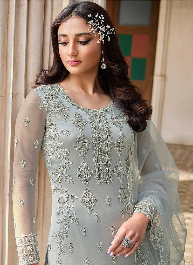 Grey Heavy Embroidered Stylish Palazzo Suit