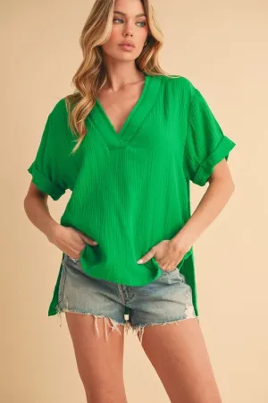 Hazel Blues® |  Aemi   Co Side Slit V-Neck Short Sleeve Blouse
