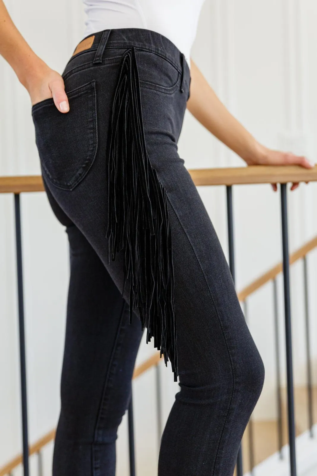Hazel Blues® | Hilary Side Fringe Skinny Jegging In Black