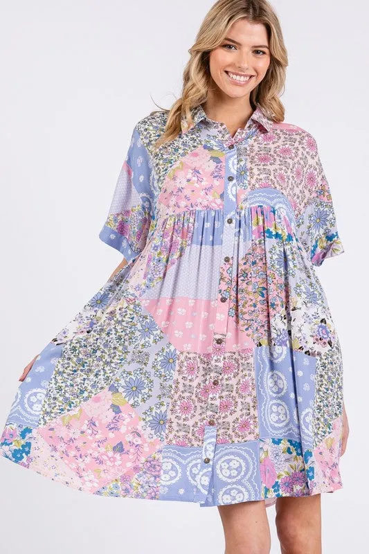 Hazel Blues® |  SAGE   FIG Floral Collared Neck Half Sleeve Mini Shirt Dress