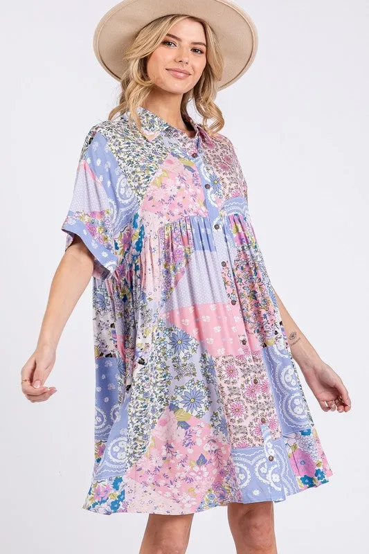 Hazel Blues® |  SAGE   FIG Floral Collared Neck Half Sleeve Mini Shirt Dress