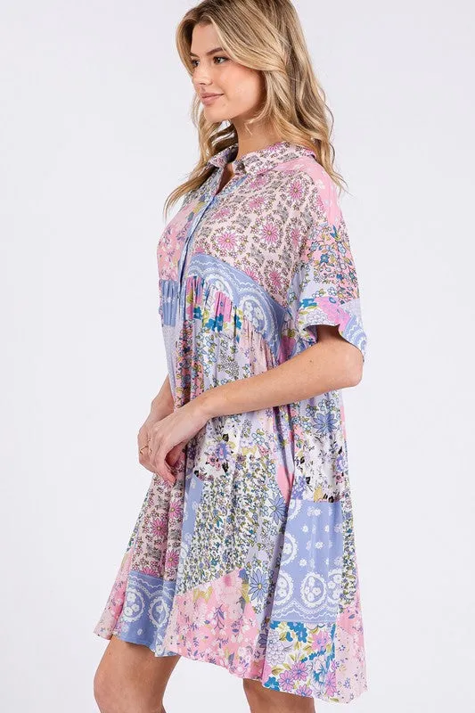 Hazel Blues® |  SAGE   FIG Floral Collared Neck Half Sleeve Mini Shirt Dress