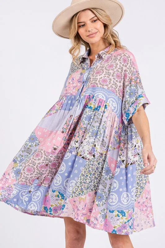 Hazel Blues® |  SAGE   FIG Floral Collared Neck Half Sleeve Mini Shirt Dress