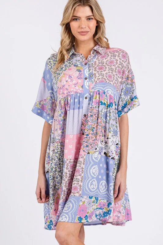 Hazel Blues® |  SAGE   FIG Floral Collared Neck Half Sleeve Mini Shirt Dress