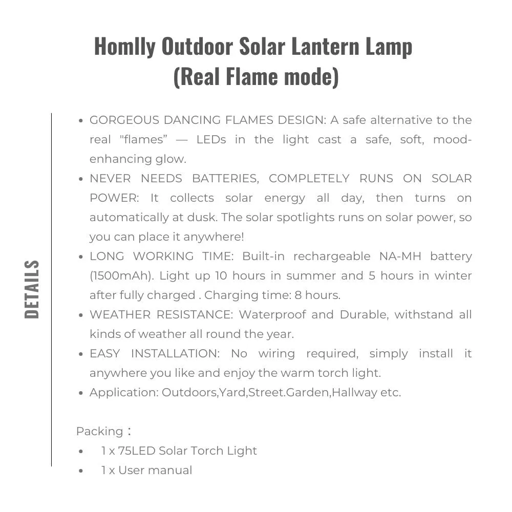 Homlly Outdoor Solar Lantern Lamp (Real Flame mode)