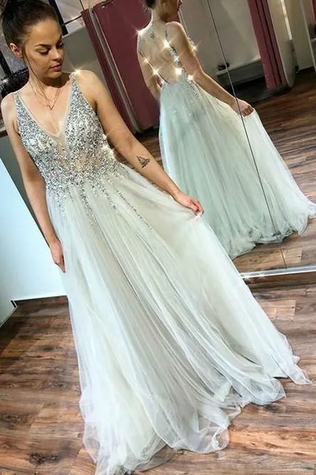 Illusion Rhinestones Bodice Prom Gown with Tulle Skirt