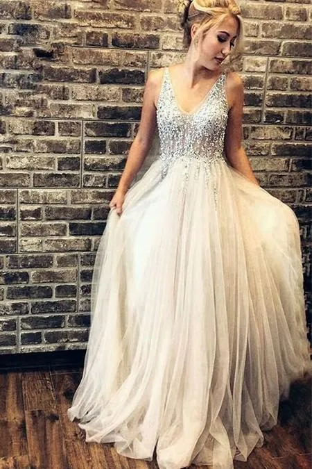 Illusion Rhinestones Bodice Prom Gown with Tulle Skirt