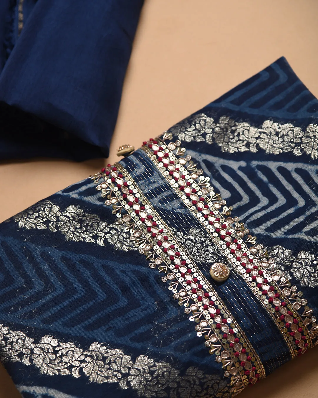 Indigo Chanderi Woven With Hand Block Prints Unstitched Suit Fabric Set With Kota Woven Dupatta