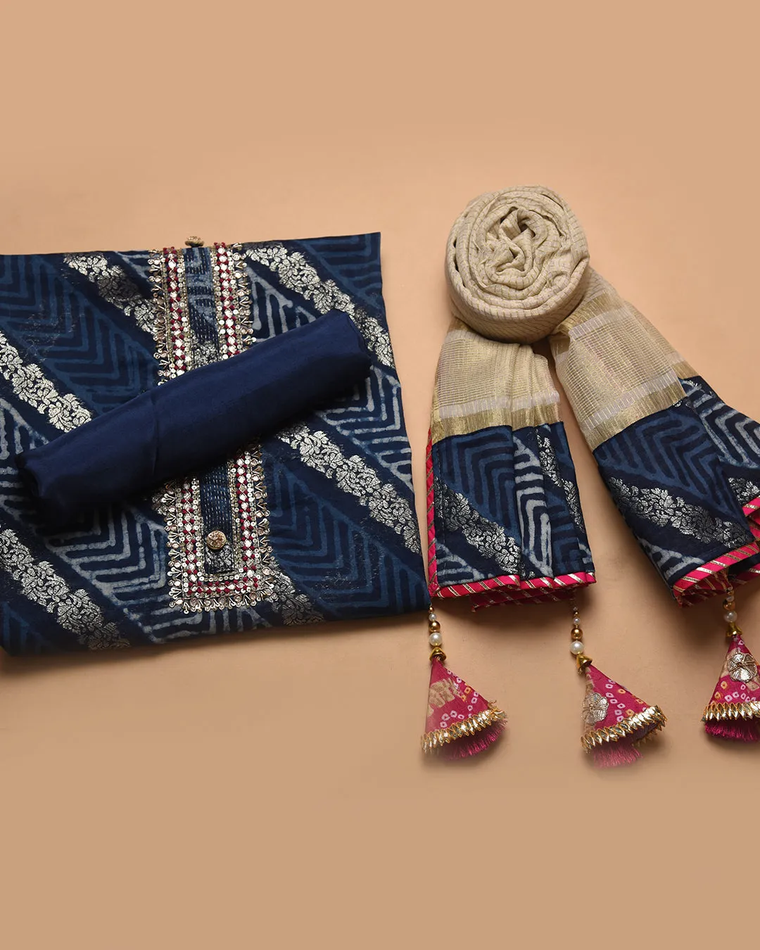 Indigo Chanderi Woven With Hand Block Prints Unstitched Suit Fabric Set With Kota Woven Dupatta