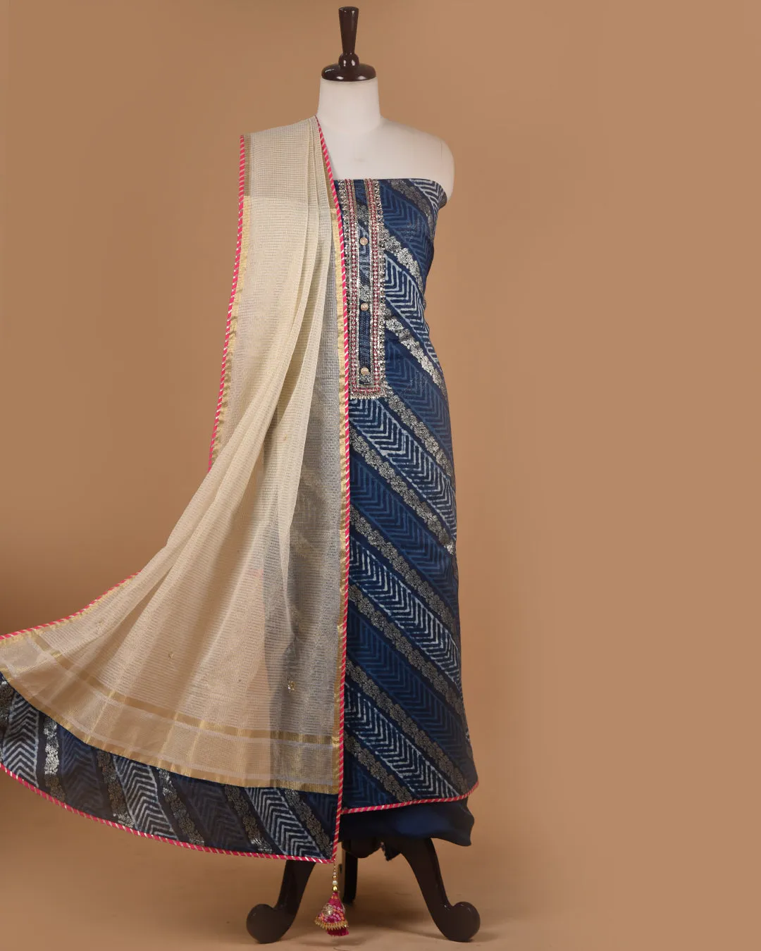 Indigo Chanderi Woven With Hand Block Prints Unstitched Suit Fabric Set With Kota Woven Dupatta