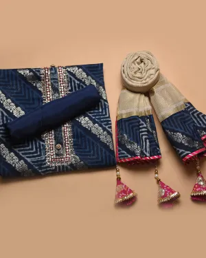 Indigo Chanderi Woven With Hand Block Prints Unstitched Suit Fabric Set With Kota Woven Dupatta