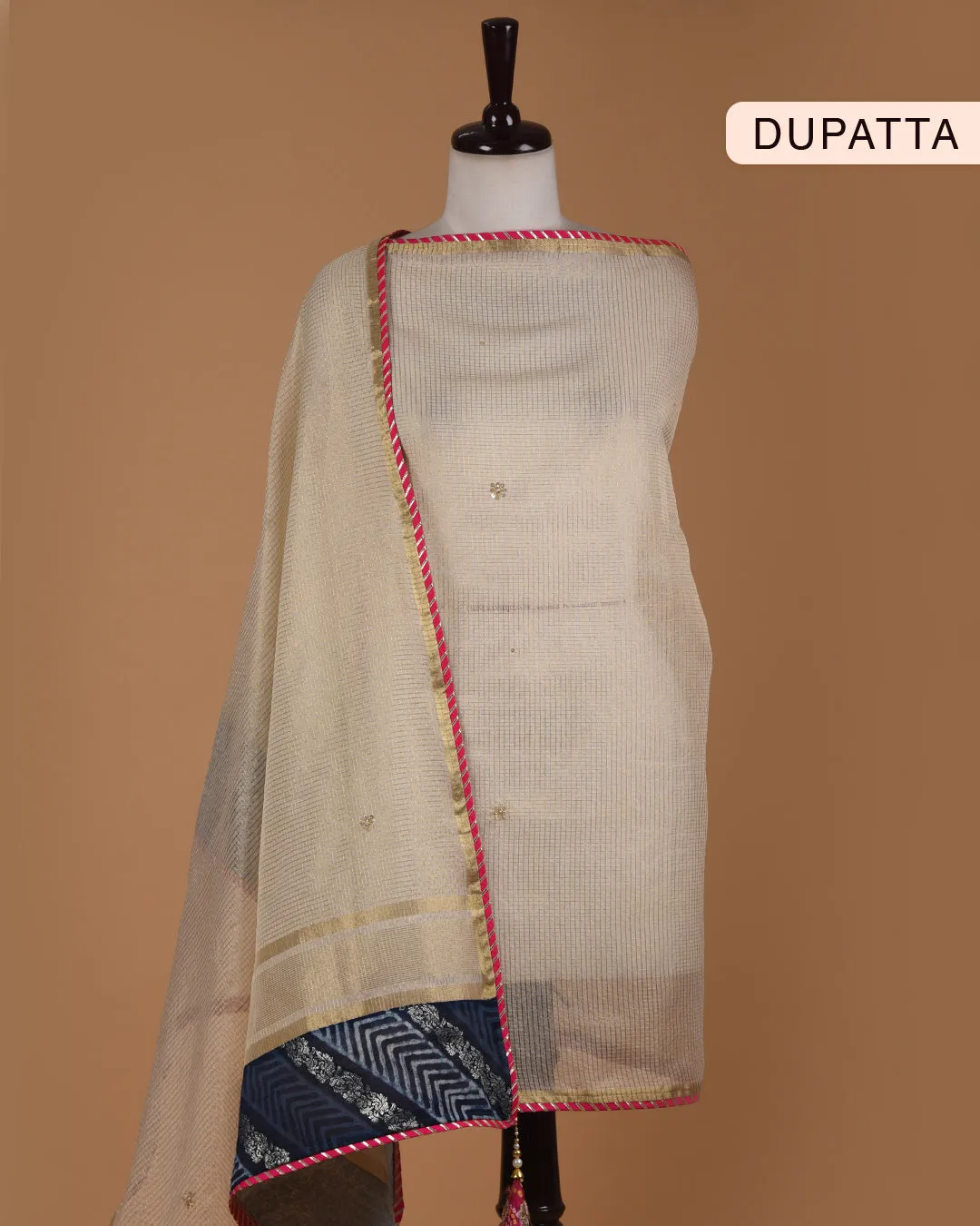 Indigo Chanderi Woven With Hand Block Prints Unstitched Suit Fabric Set With Kota Woven Dupatta
