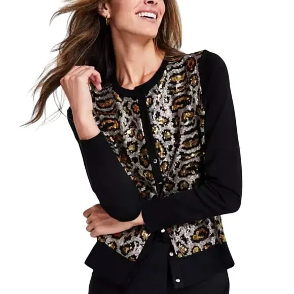 JM Collection Leopard Sequin Party Cardigan Sweater Rayon Blend  Size PL