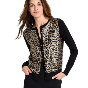 JM Collection Leopard Sequin Party Cardigan Sweater Rayon Blend  Size PL