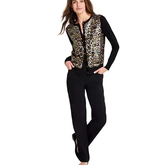 JM Collection Leopard Sequin Party Cardigan Sweater Rayon Blend  Size PL