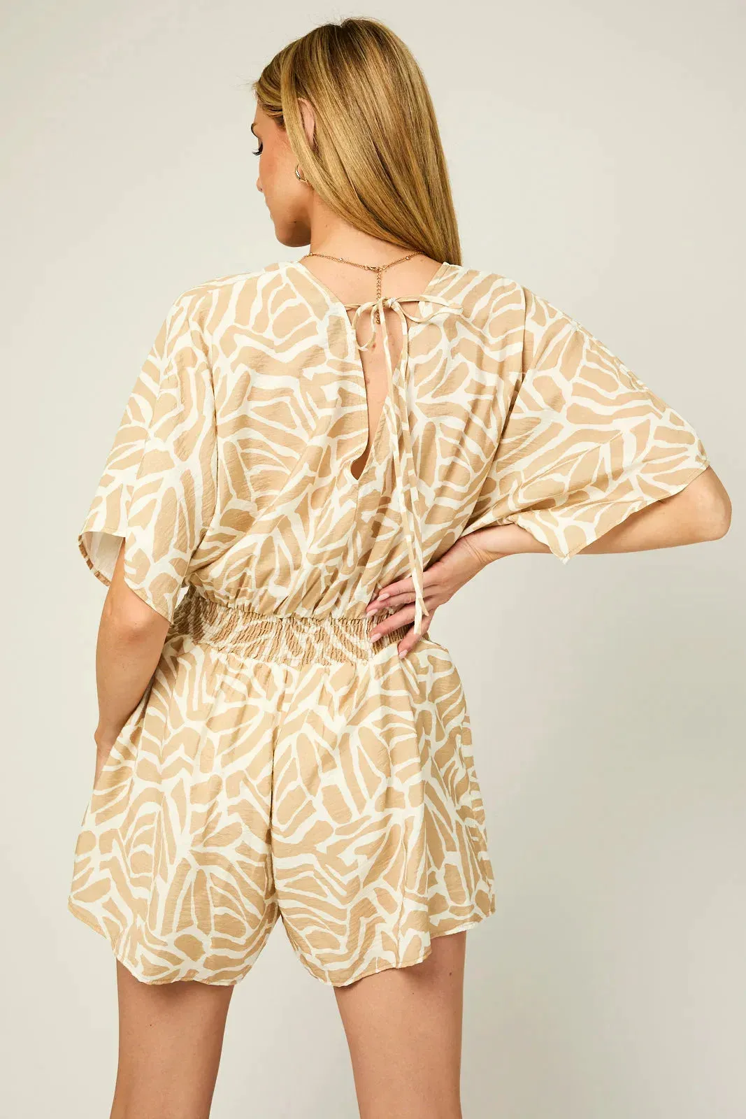 Kimono Sleeve V-Neck Pleated Smocking Abstract Romper