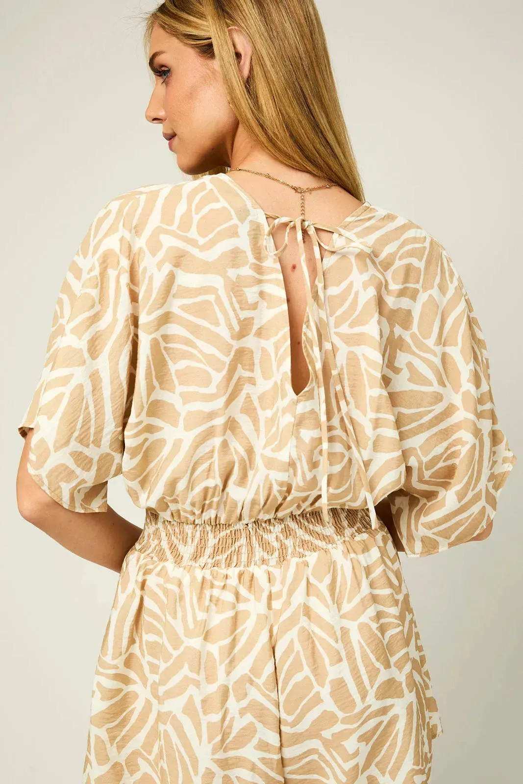 Kimono Sleeve V-Neck Pleated Smocking Abstract Romper