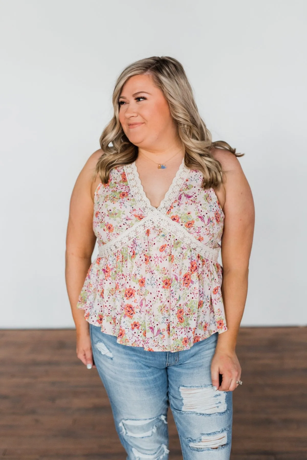 Let It Grow Floral Lace Tank Top- Light Pink