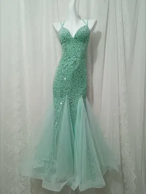 Light Green Sequins and Tulle Halter Backless Party Dress, Light Green Prom Dress