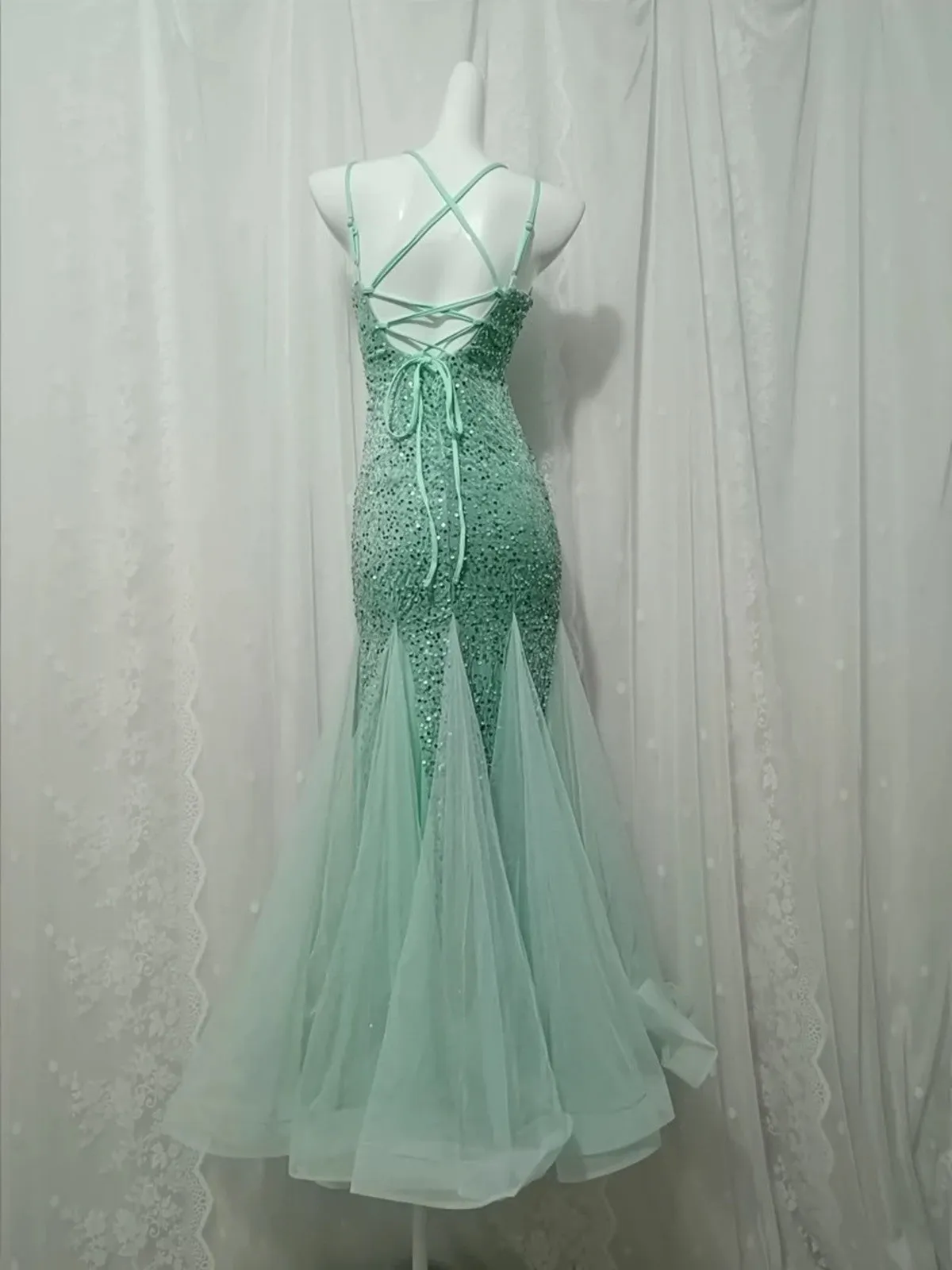 Light Green Sequins and Tulle Halter Backless Party Dress, Light Green Prom Dress