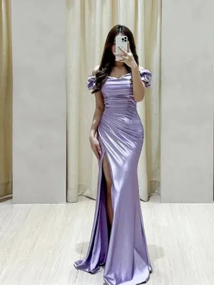 Light Purple Satin Off Shoulder Mermaid Prom Dress, Light Purple Party Dress with Leg Slit