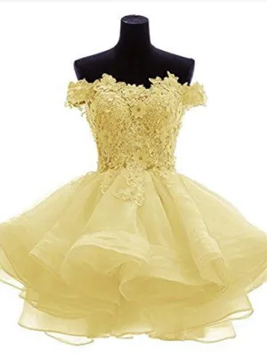 Light Yellow Off Shoulder Lovely Organza Party Dress, Cute Short Prom Dress