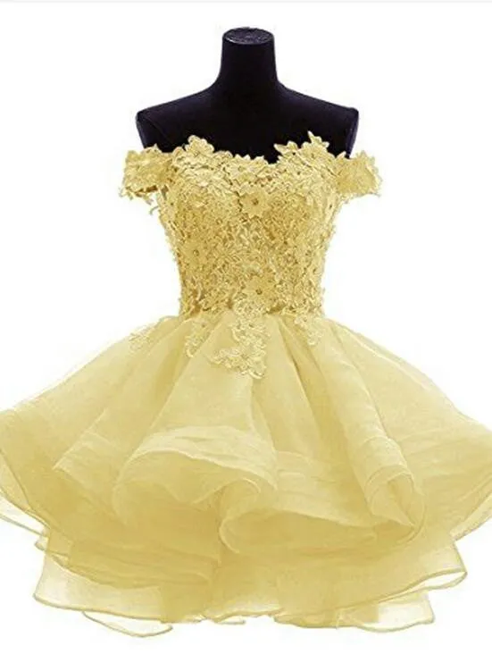 Light Yellow Off Shoulder Lovely Organza Party Dress, Cute Short Prom Dress