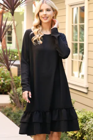 Long Sleeve Flat Merrow Detail Hem Woven Dress
