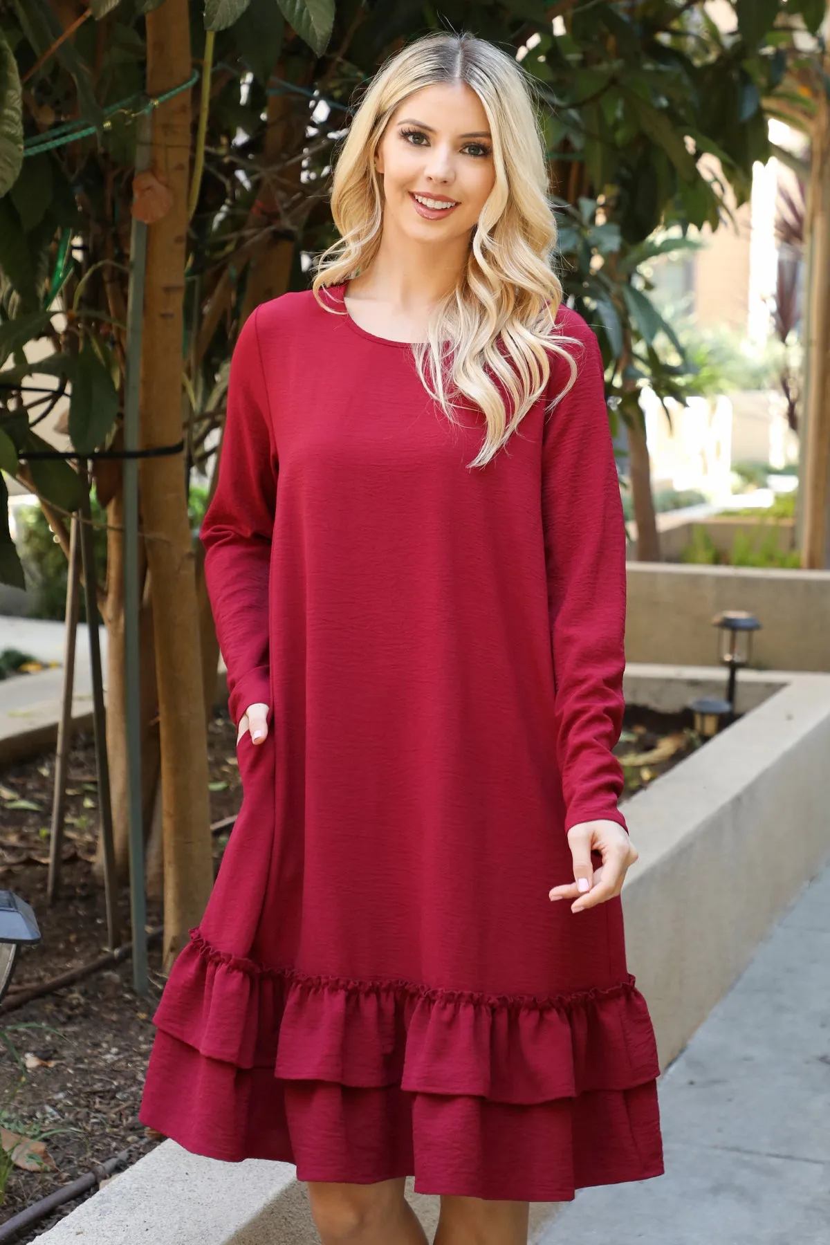 Long Sleeve Flat Merrow Detail Hem Woven Dress