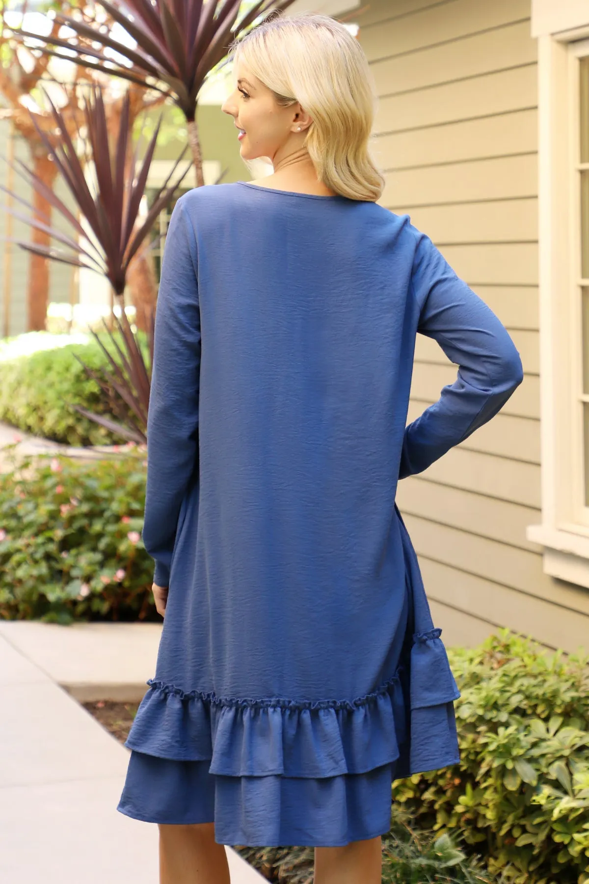 Long Sleeve Flat Merrow Detail Hem Woven Dress