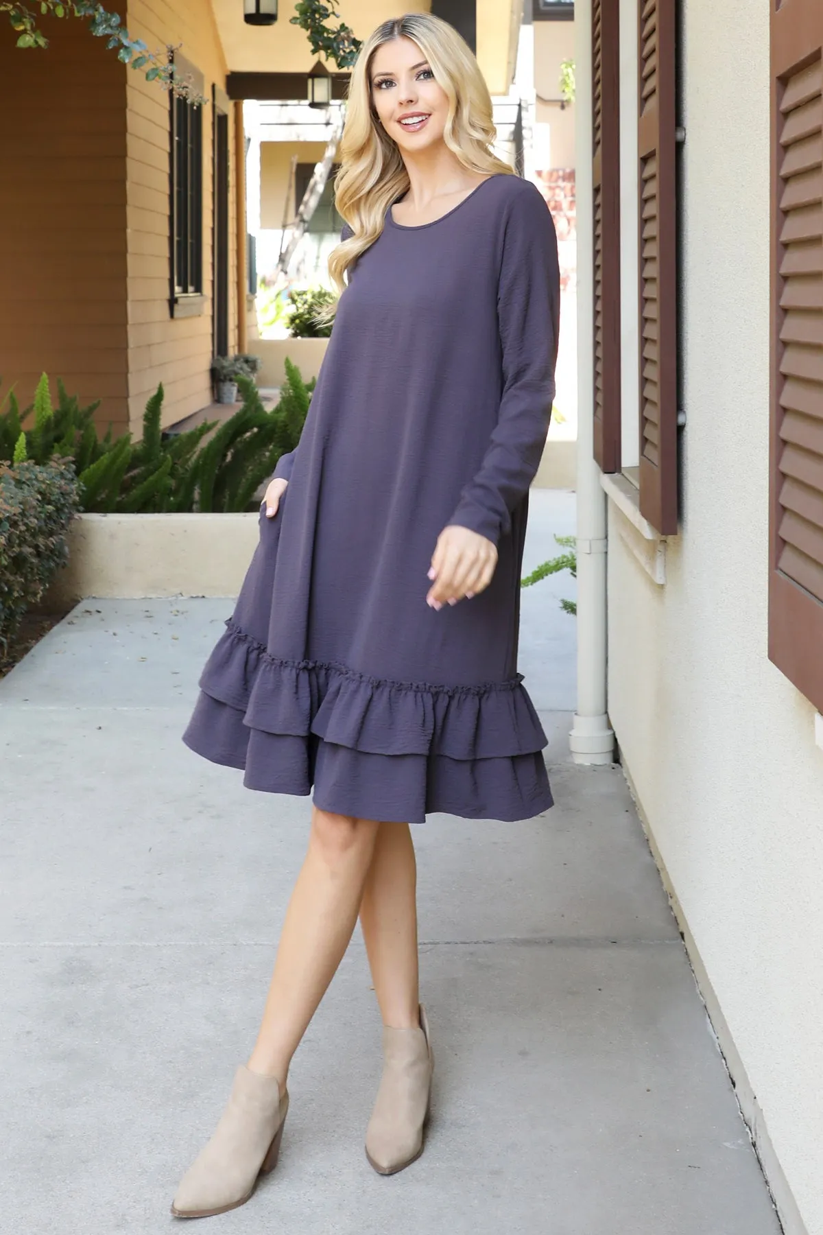 Long Sleeve Flat Merrow Detail Hem Woven Dress