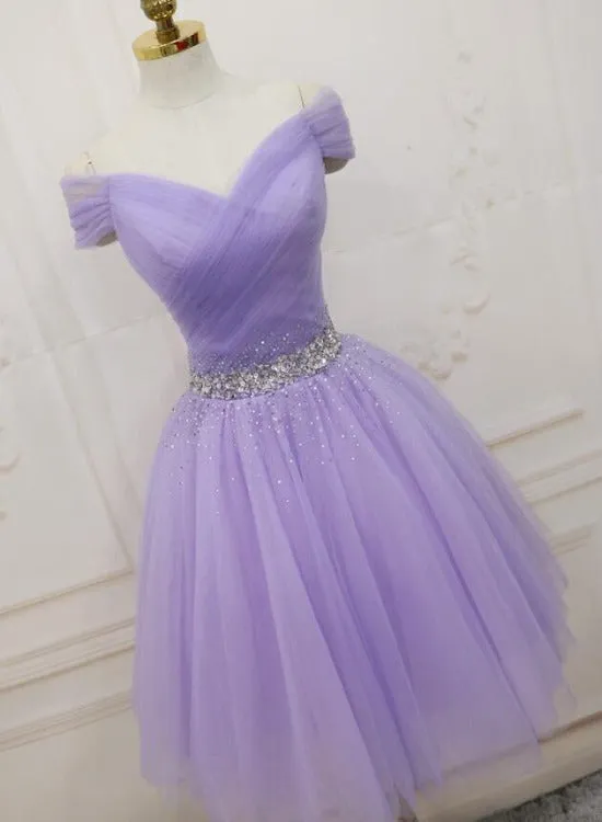 Lovely Light Purple Beaded Short Party Dress, Off Shoulder Homecoming Dress
