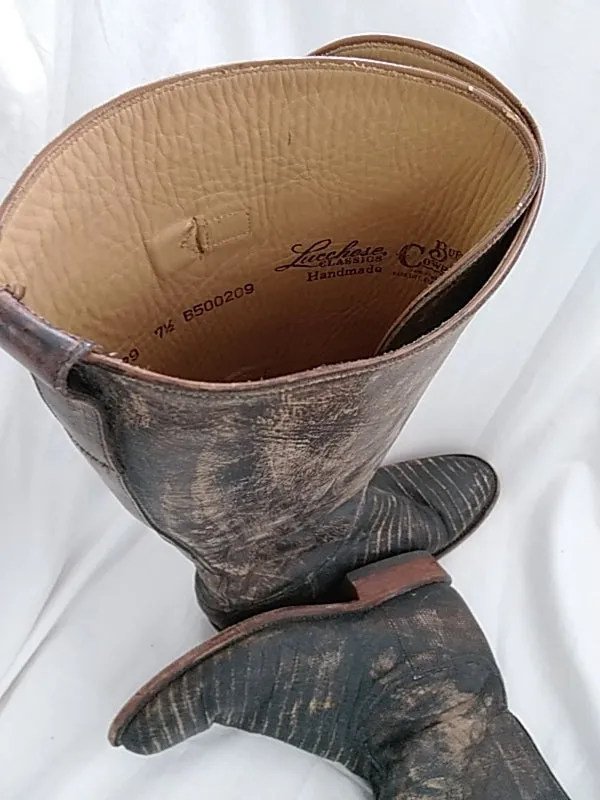 LUCCHESE Women's Equestrian Riding Tall Buckle Cowboy Boots Handmade Leather and Exotic Skin Espresso and Brown Size 7.5