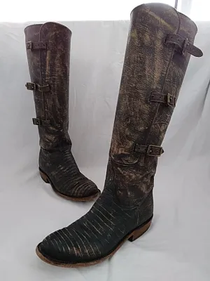 LUCCHESE Women's Equestrian Riding Tall Buckle Cowboy Boots Handmade Leather and Exotic Skin Espresso and Brown Size 7.5