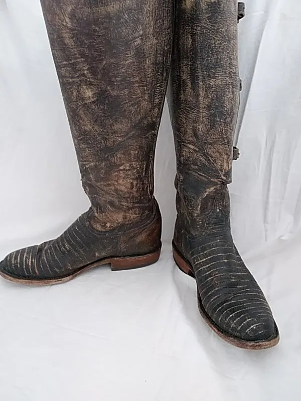 LUCCHESE Women's Equestrian Riding Tall Buckle Cowboy Boots Handmade Leather and Exotic Skin Espresso and Brown Size 7.5