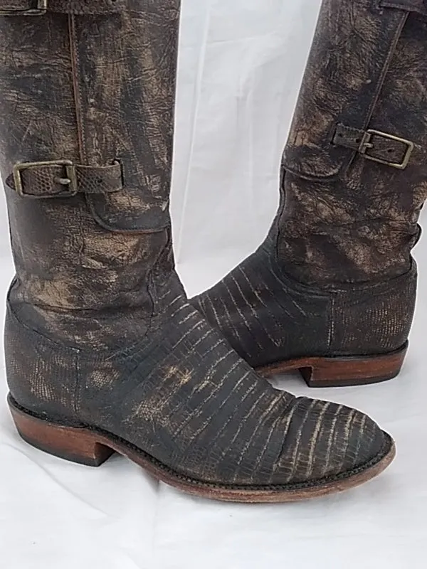 LUCCHESE Women's Equestrian Riding Tall Buckle Cowboy Boots Handmade Leather and Exotic Skin Espresso and Brown Size 7.5