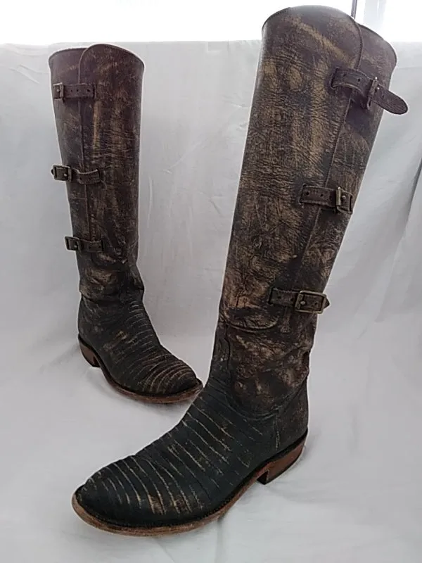 LUCCHESE Women's Equestrian Riding Tall Buckle Cowboy Boots Handmade Leather and Exotic Skin Espresso and Brown Size 7.5