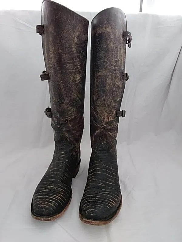 LUCCHESE Women's Equestrian Riding Tall Buckle Cowboy Boots Handmade Leather and Exotic Skin Espresso and Brown Size 7.5